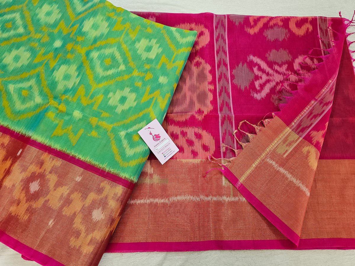 Sea Green with Pink Pochampally Ikkat Silk Cotton (SICO Pattu)