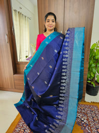 Classic Kanjivaram Pattern Pure Handloom Soft Silk Saree -   Navy Blue with Peacock Blue