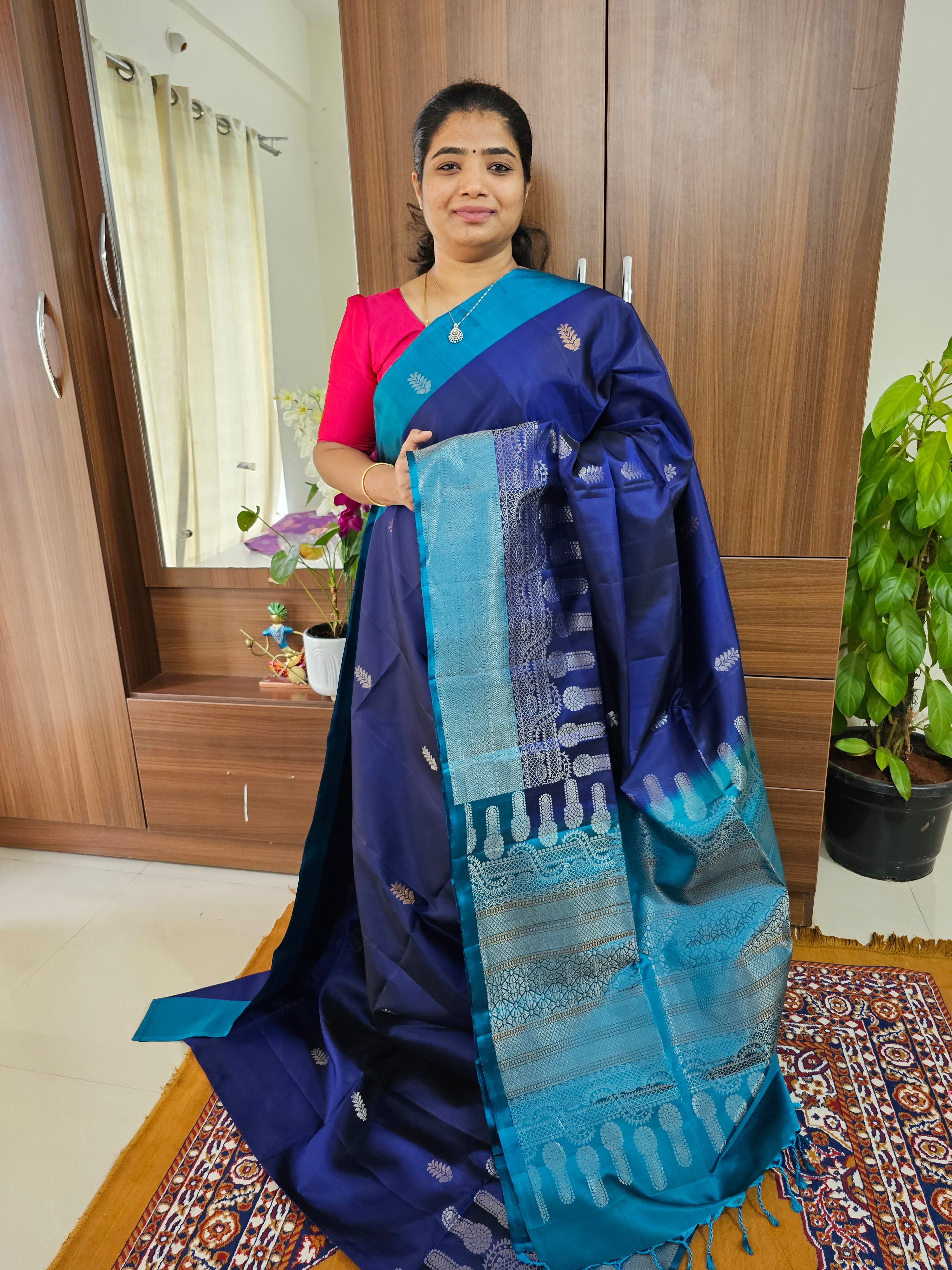 Stunning Peacock blue with purple Pure kanchivaram silk saree with  intricate gold zari floral designs all over the body and pallu – Meshira