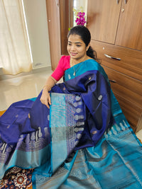 Classic Kanjivaram Pattern Pure Handloom Soft Silk Saree -   Navy Blue with Peacock Blue