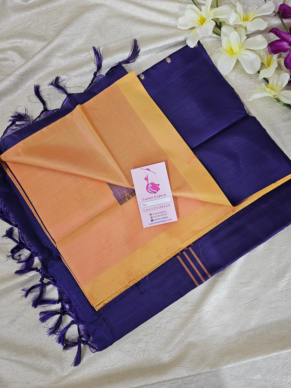 Dual Shade Yellow cum Orange with Dark Blue Handwoven Chinnalampattu Saree