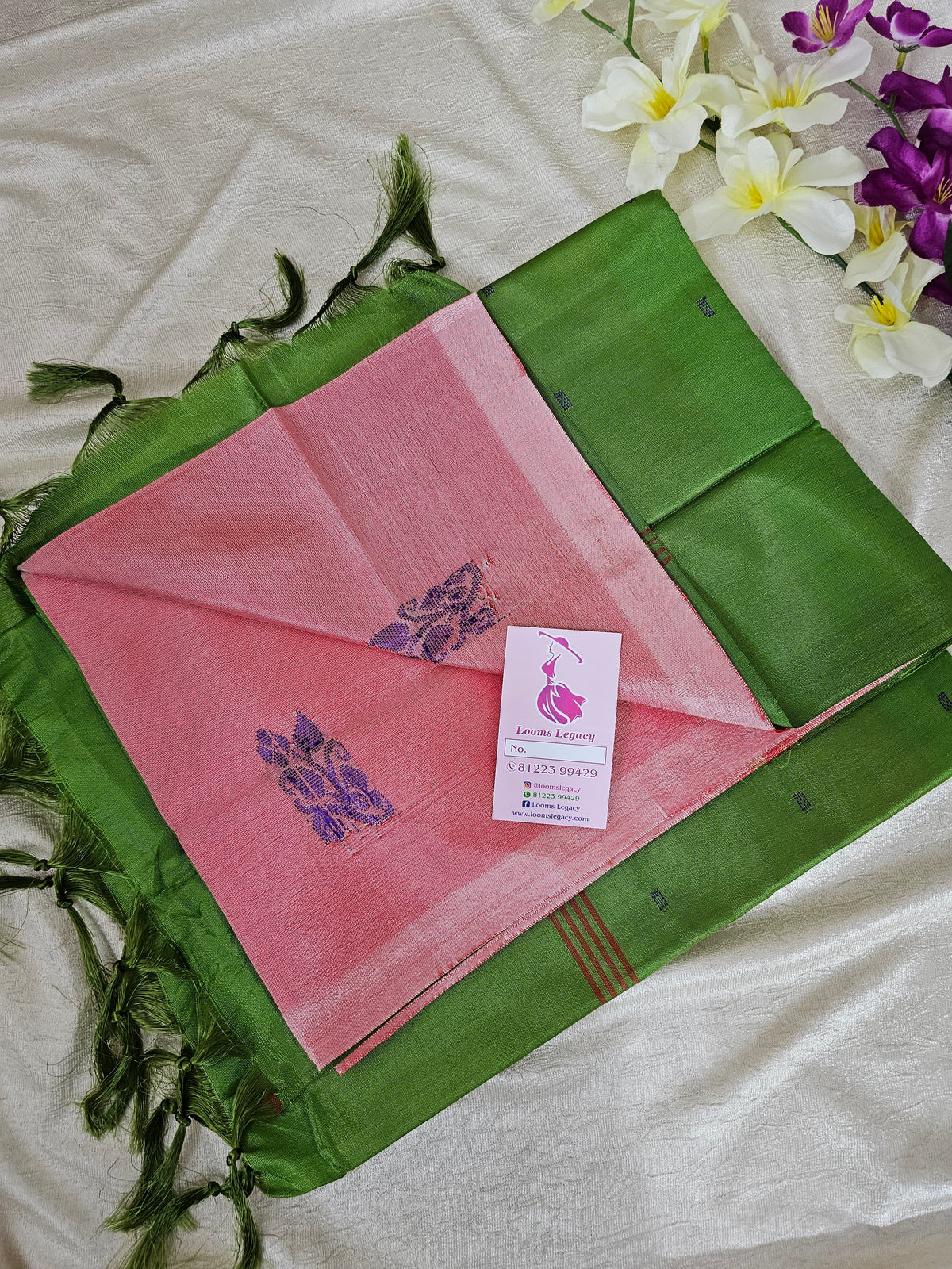 Peachish Pink with Green Handwoven Chinnalampattu Saree