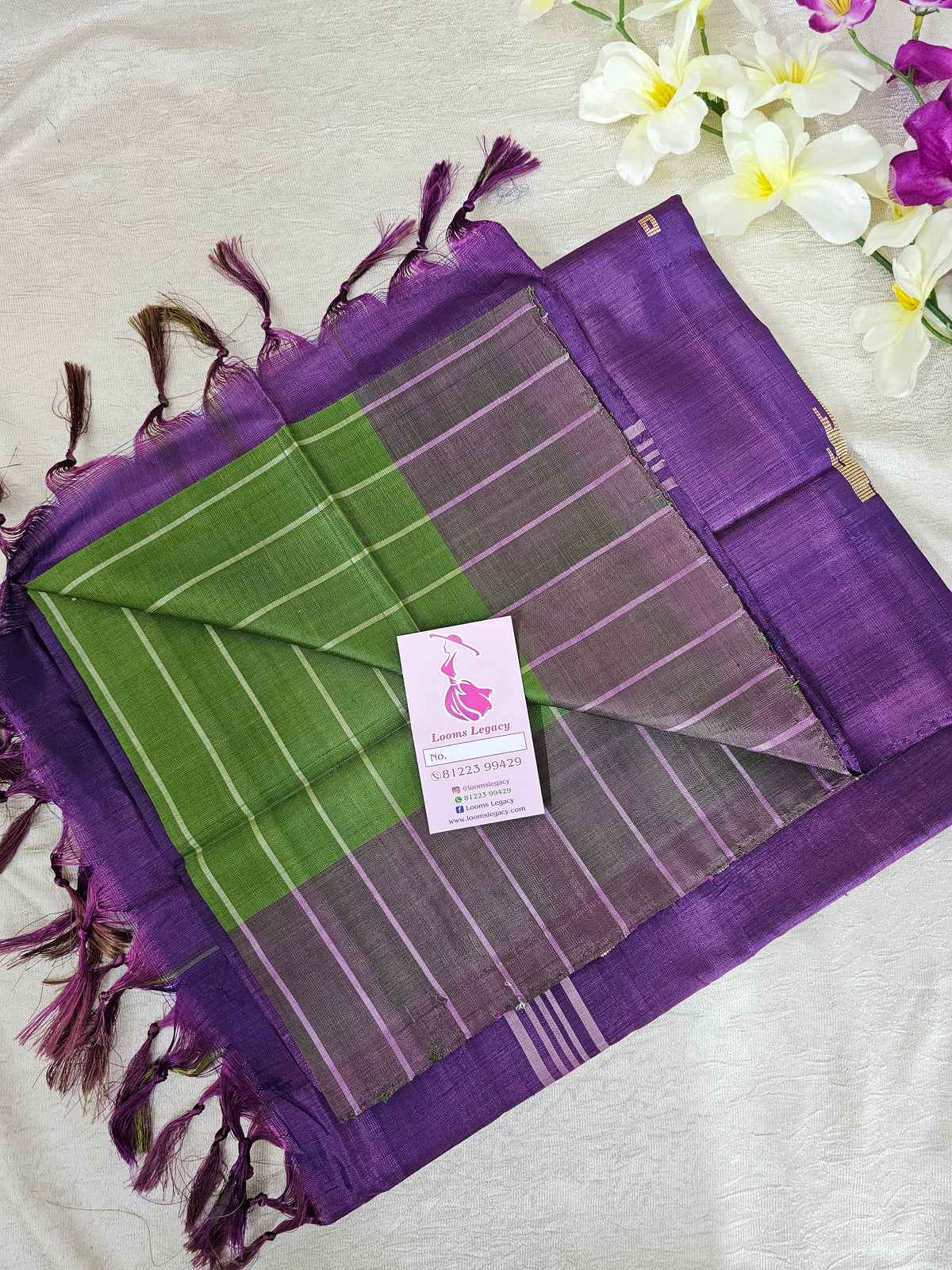 Green with Purple Stripe Border Handwoven Chinnalampattu Saree