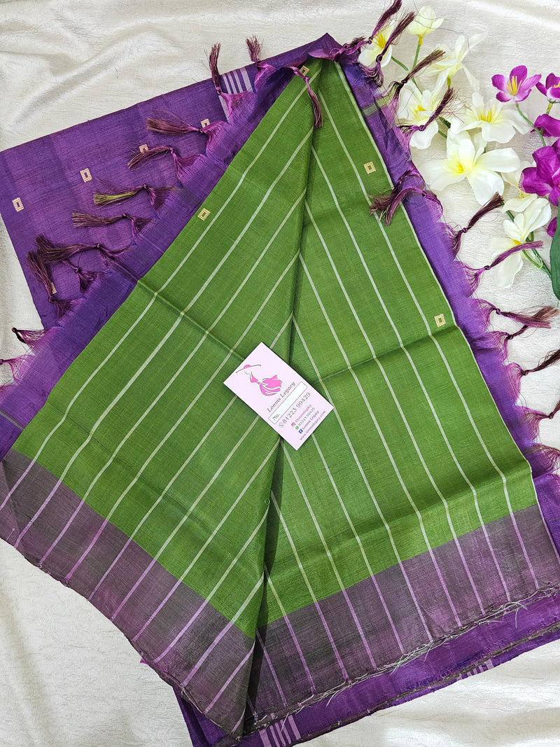 Green with Purple Stripe Border Handwoven Chinnalampattu Saree