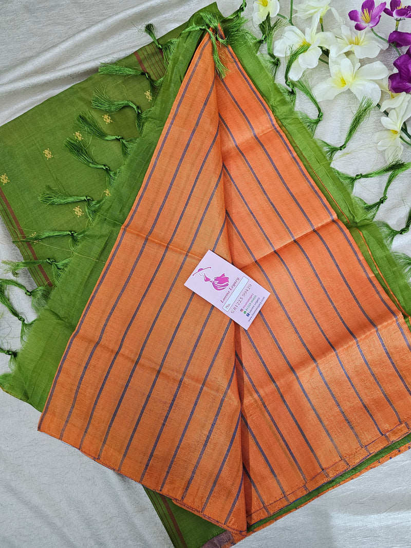 Orange Stripes with Green Handwoven Chinnalampattu Saree