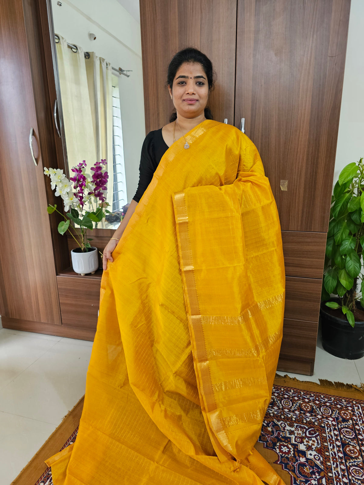 Handwoven Mangalagiri Pattu Saree with Beautiful  Small Checks - Mango Yellow