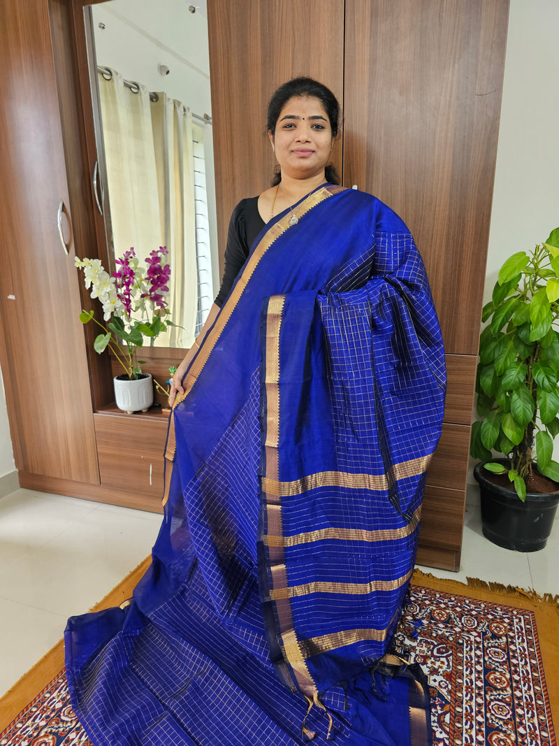 Handwoven Mangalagiri Pattu Saree with Beautiful  Small Checks -  Dark Blue