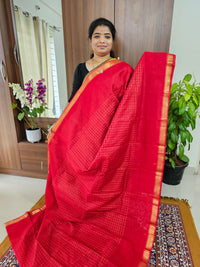 Handwoven Mangalagiri Pattu Saree with Beautiful  Small Checks -  Red