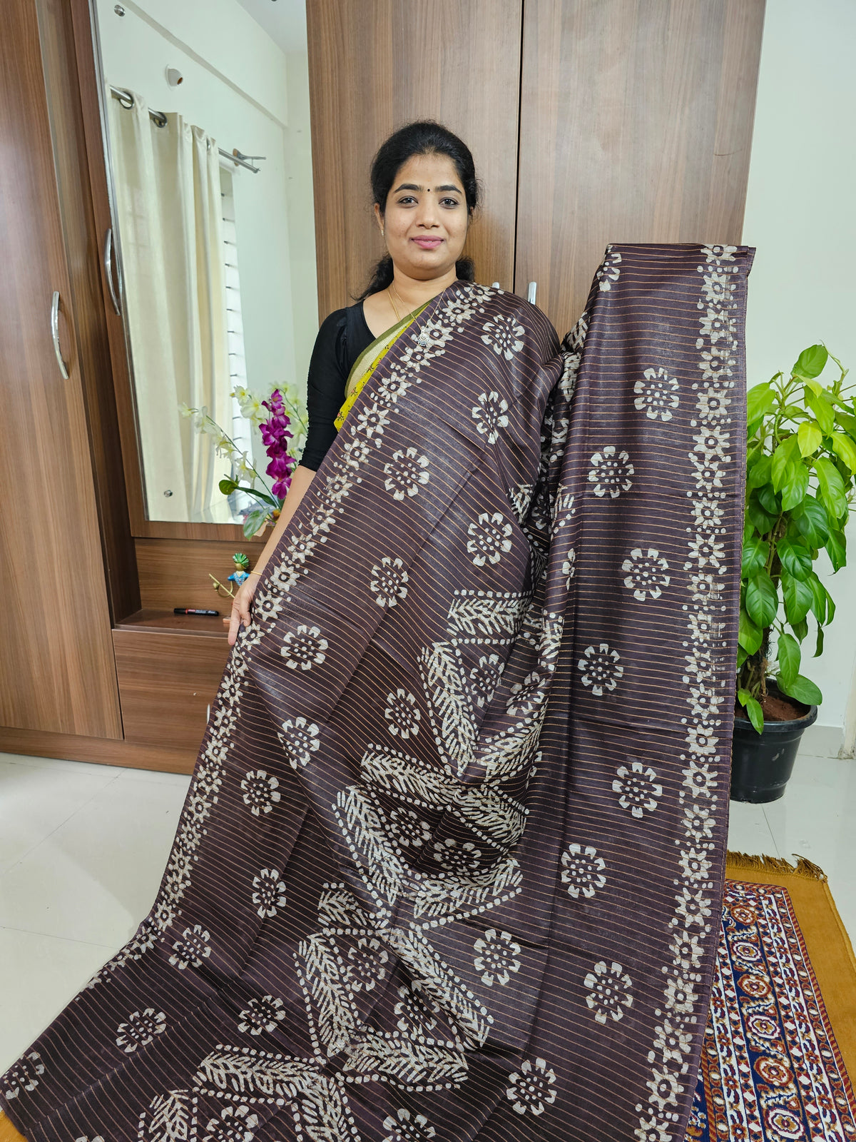 Bhagalpuri Silk Viscous with Batik Prints - Dark Brown