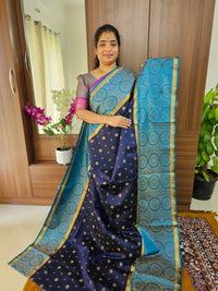 Classic Kanjivaram Pattern Pure Handloom Soft Silk Saree - Navy Blue with Blue