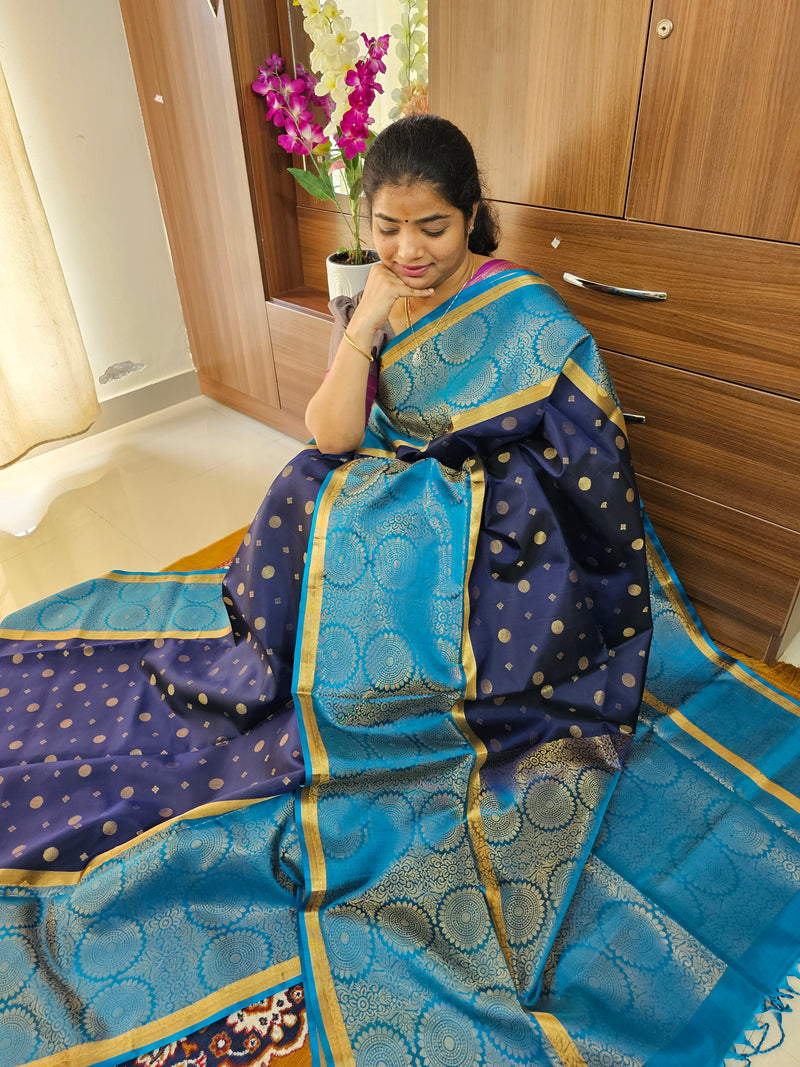 Classic Kanjivaram Pattern Pure Handloom Soft Silk Saree - Navy Blue with Blue