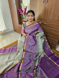 Classic Kanjivaram Pattern Pure Handloom Soft Silk Saree -   Grey with Purple