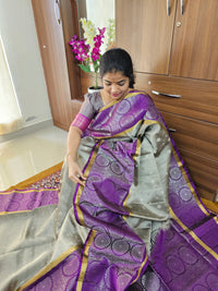 Classic Kanjivaram Pattern Pure Handloom Soft Silk Saree -   Grey with Purple