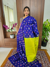 Trending Kanjivaram Pattern Coin Buttas Pure Handloom Soft Silk Saree -  Dark Blue with Lime Green