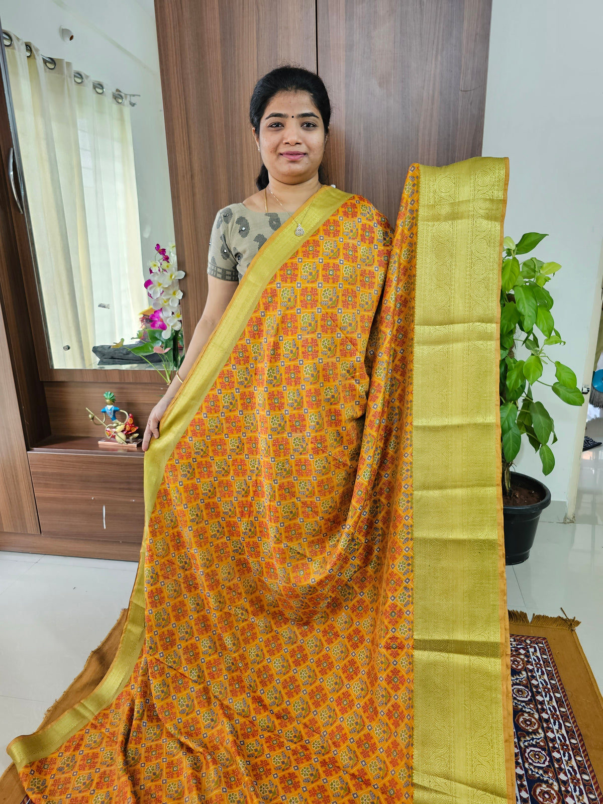 Soft Patola Sarees Kanjivaram  Pattern Long Border- Mustard Yellow