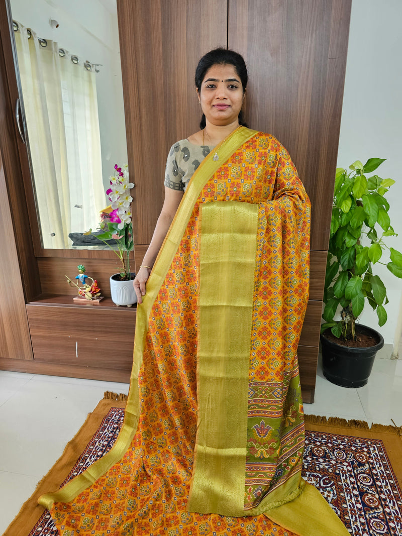 Soft Patola Sarees Kanjivaram  Pattern Long Border- Mustard Yellow