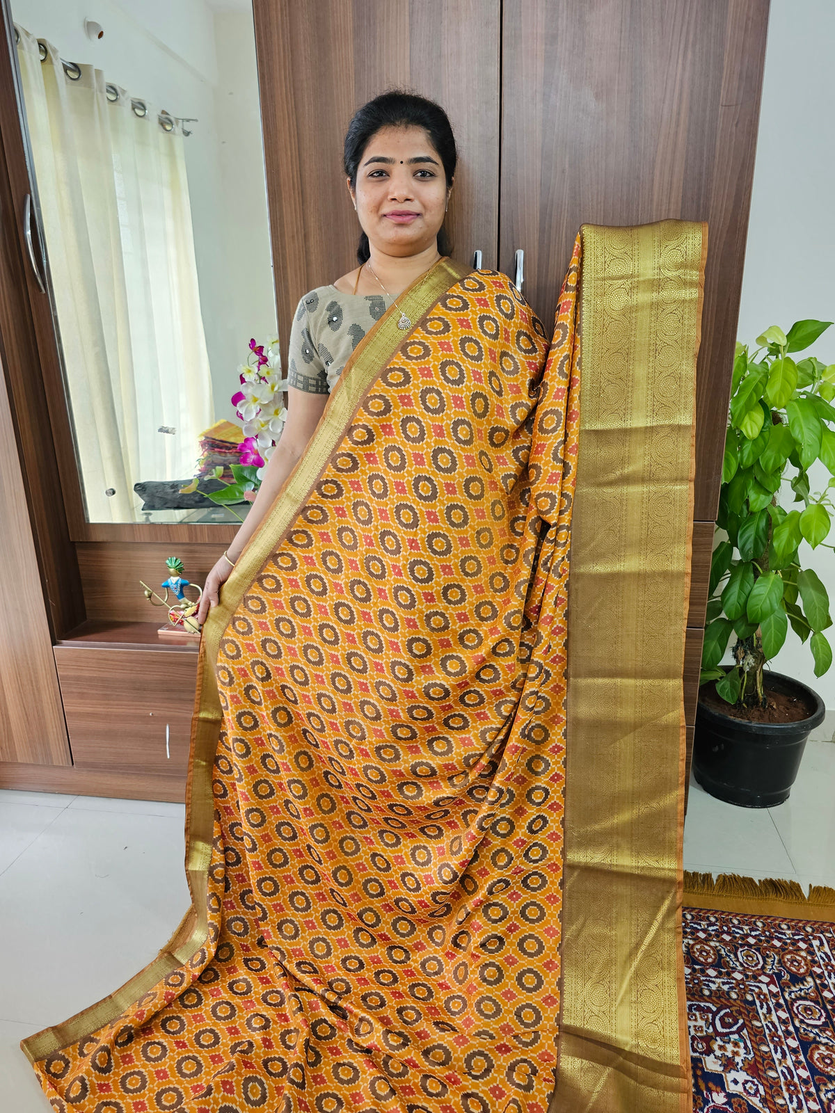 Soft Patola Sarees Kanjivaram  Pattern Long Border-  Mustard Yellow with Brown