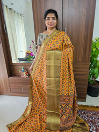 Soft Patola Sarees Kanjivaram  Pattern Long Border-  Mustard Yellow with Brown