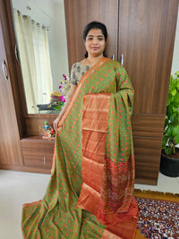 Soft Patola Sarees Kanjivaram  Pattern Long Border-  Green with Dark Orange