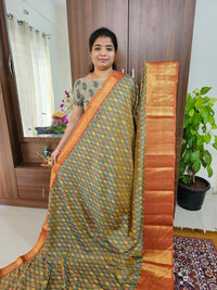 Soft Patola Sarees Kanjivaram  Pattern Long Border- Green with Orange