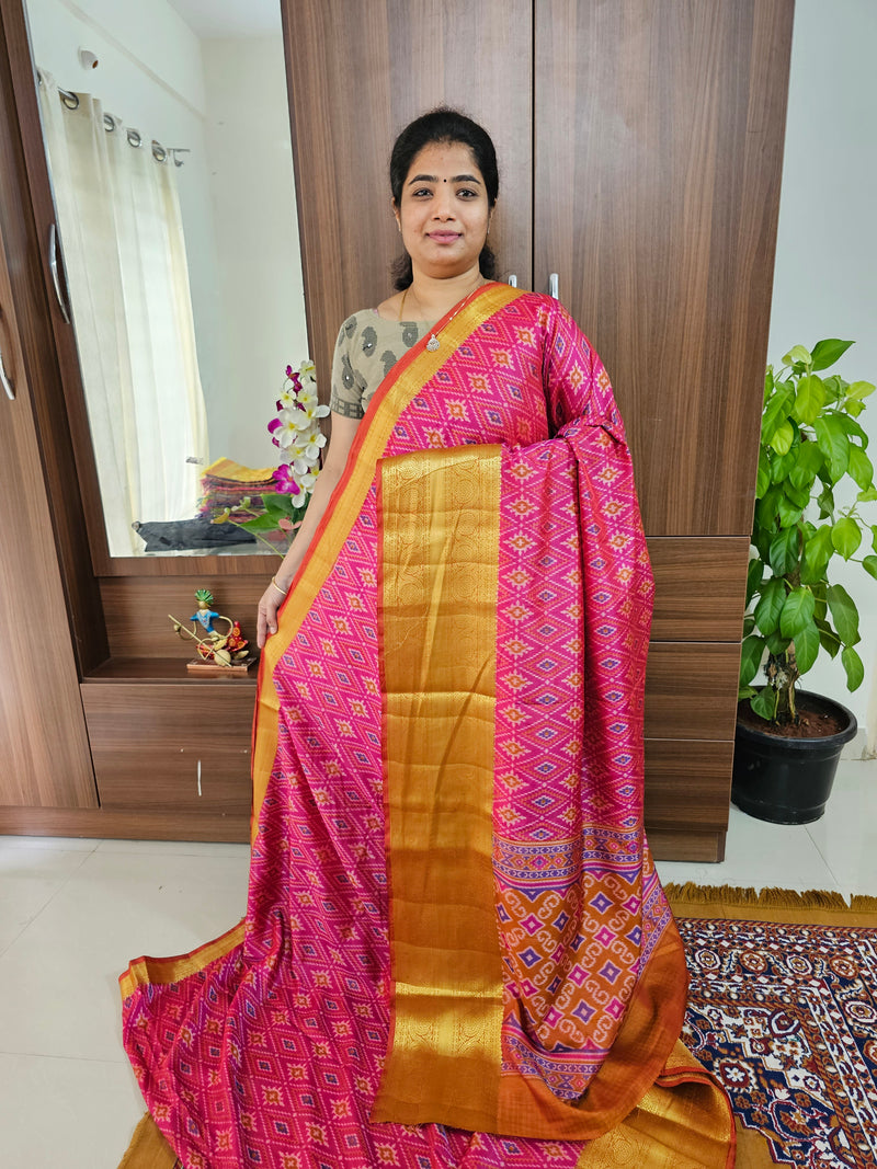 Soft Patola Sarees Kanjivaram  Pattern Long Border- Pink with Orange