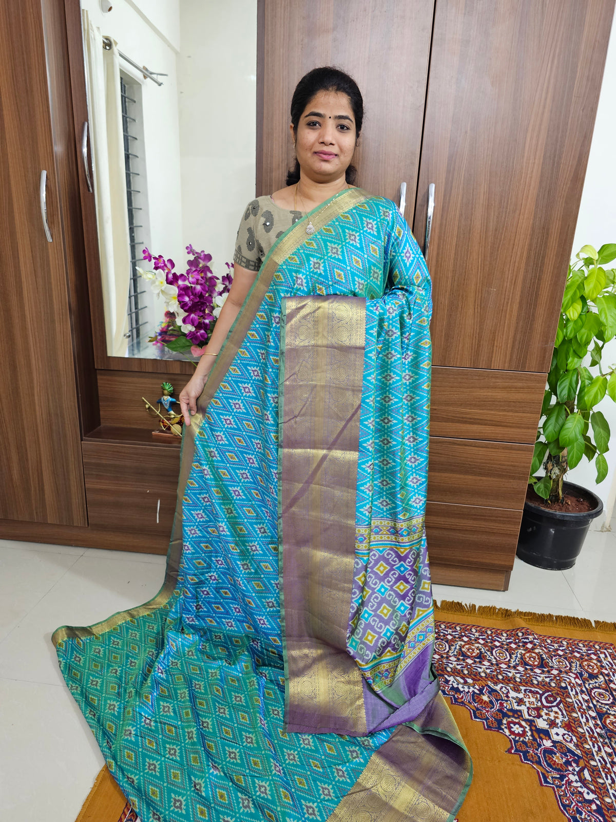 Soft Patola Sarees with Long Border - Blue with Purple