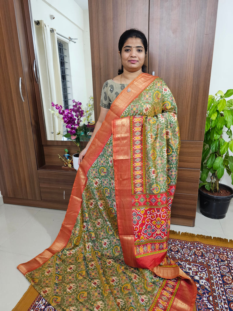 Soft Patola Sarees with Small Border - Green with Rust Orange