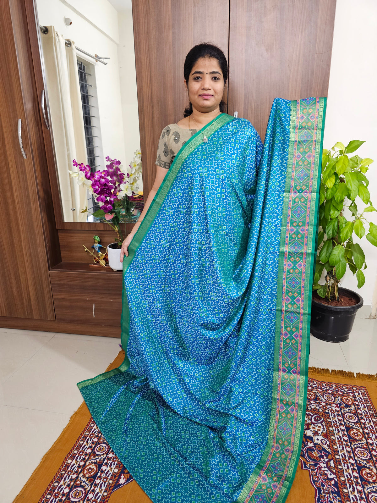 Soft Patola Sarees with Small Border - Blue with Green