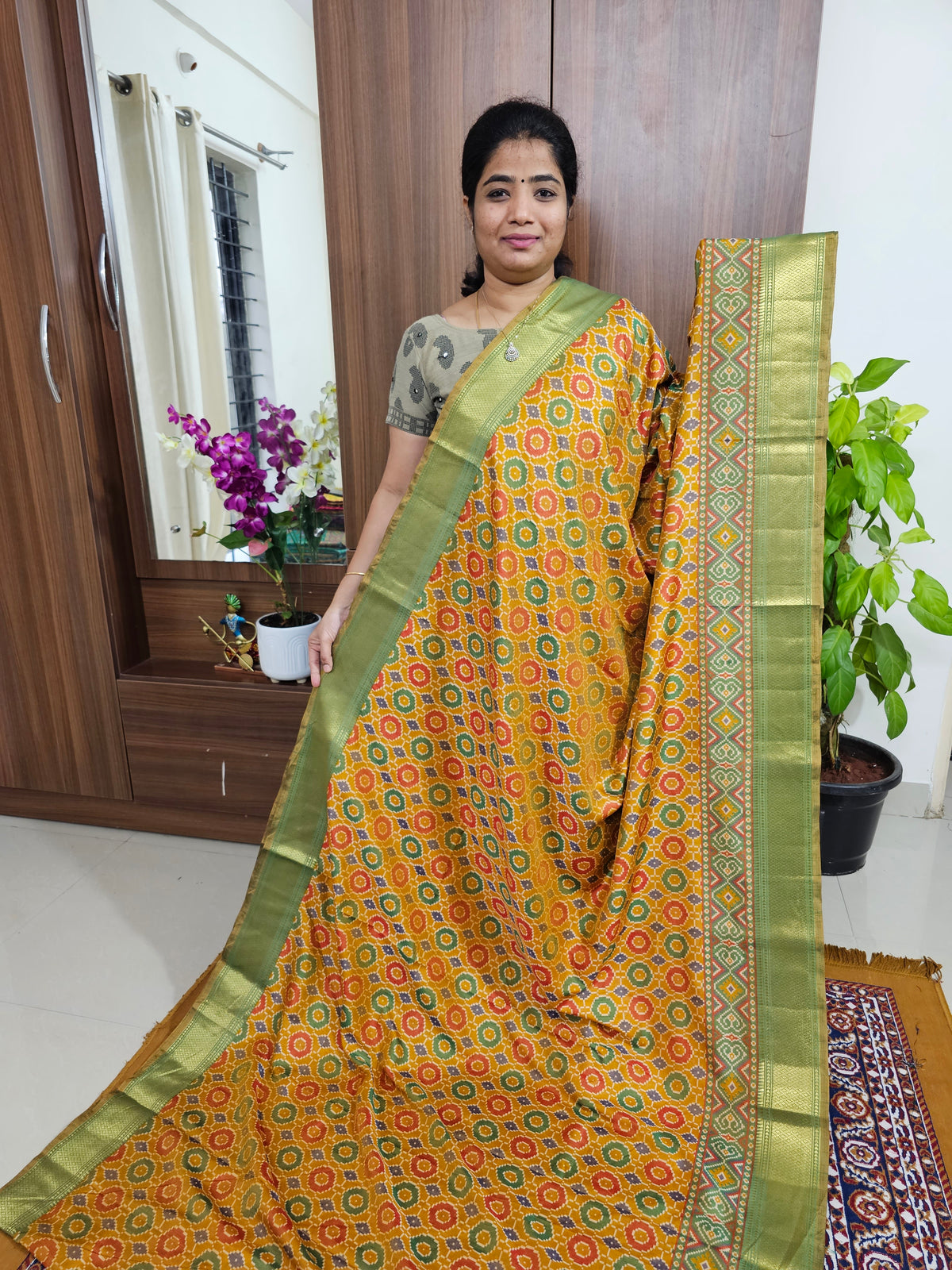 Soft Patola Sarees with Small Border - Mustard Yellow with Green