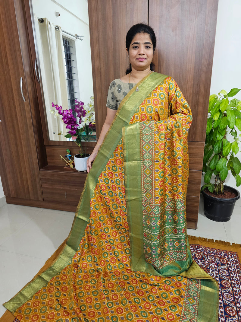 Soft Patola Sarees with Small Border - Mustard Yellow with Green