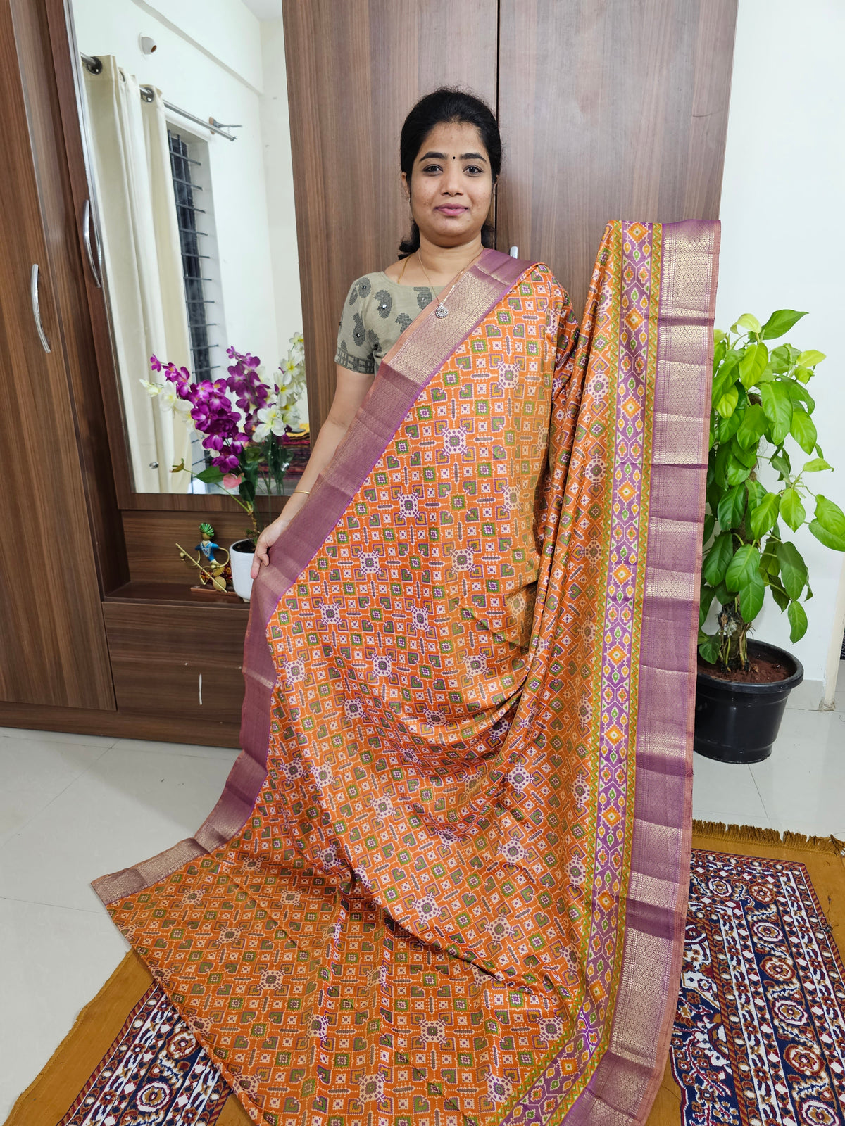 Soft Patola Sarees with Small Border - Orange with Purple