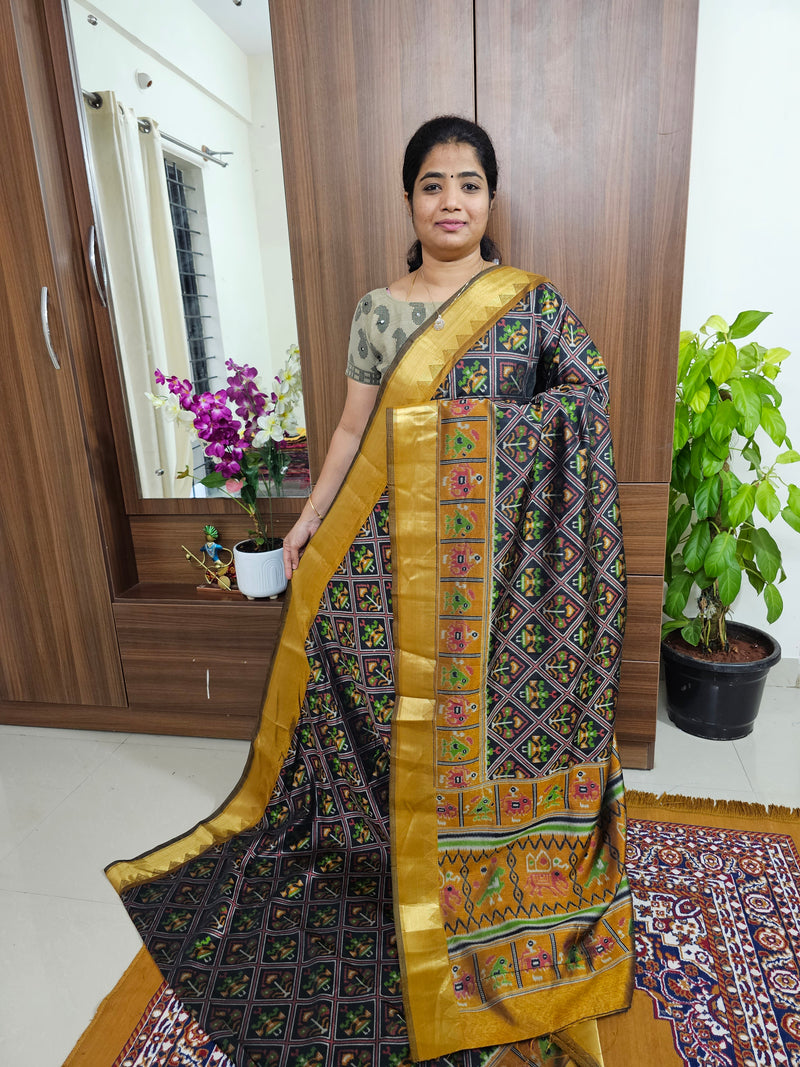 Soft Patola Sarees with Small Border - Black with Golden Yellow