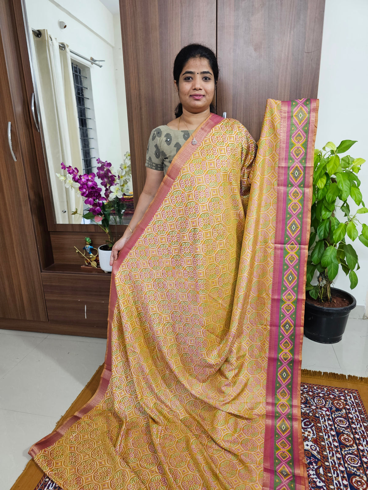Soft Patola Sarees with Small Border - Yellow with Pink
