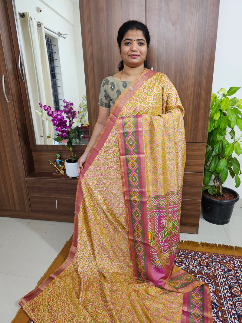 Soft Patola Sarees with Small Border - Yellow with Pink