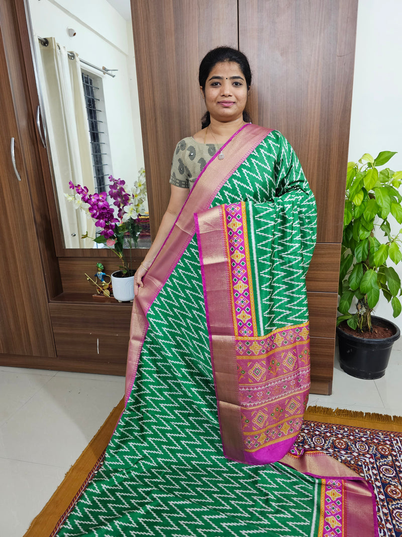 Soft Patola Sarees with Small Border - Green with Pink