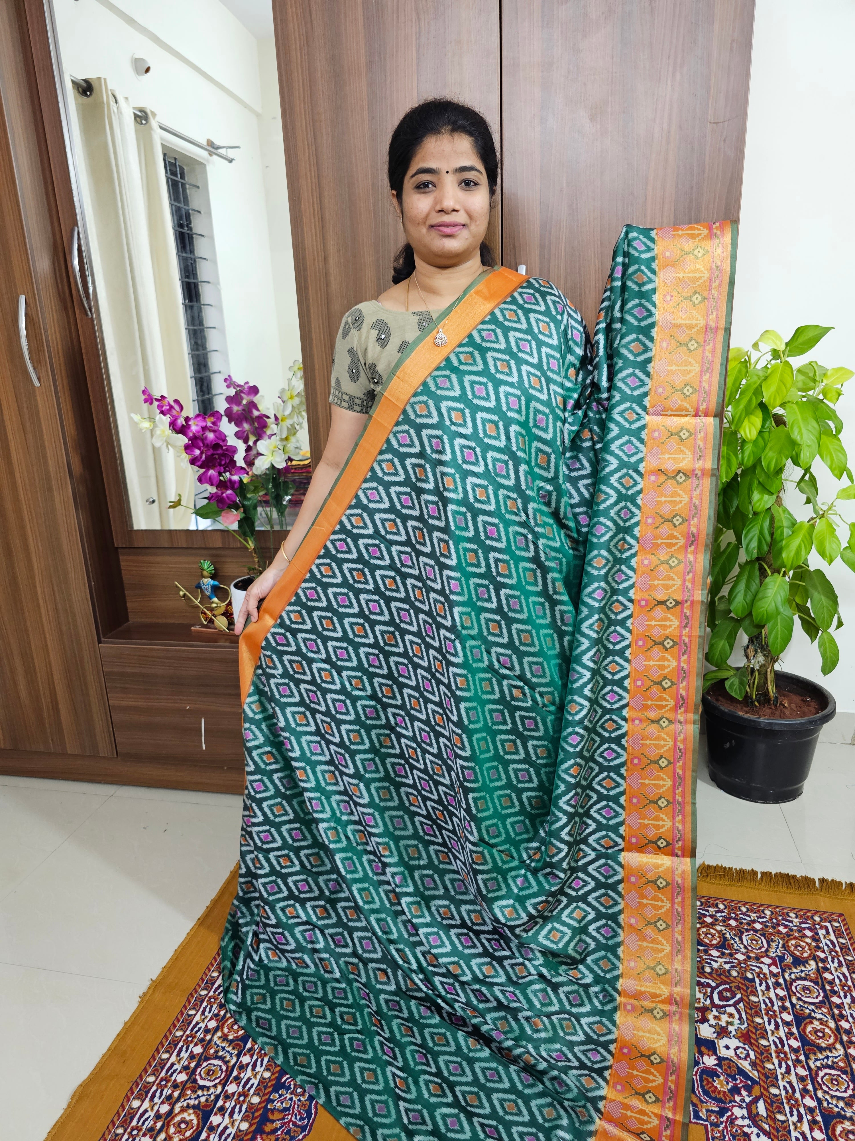 Soft Patola Sarees with Small Border - Dark Green with Mustard Yellow ...