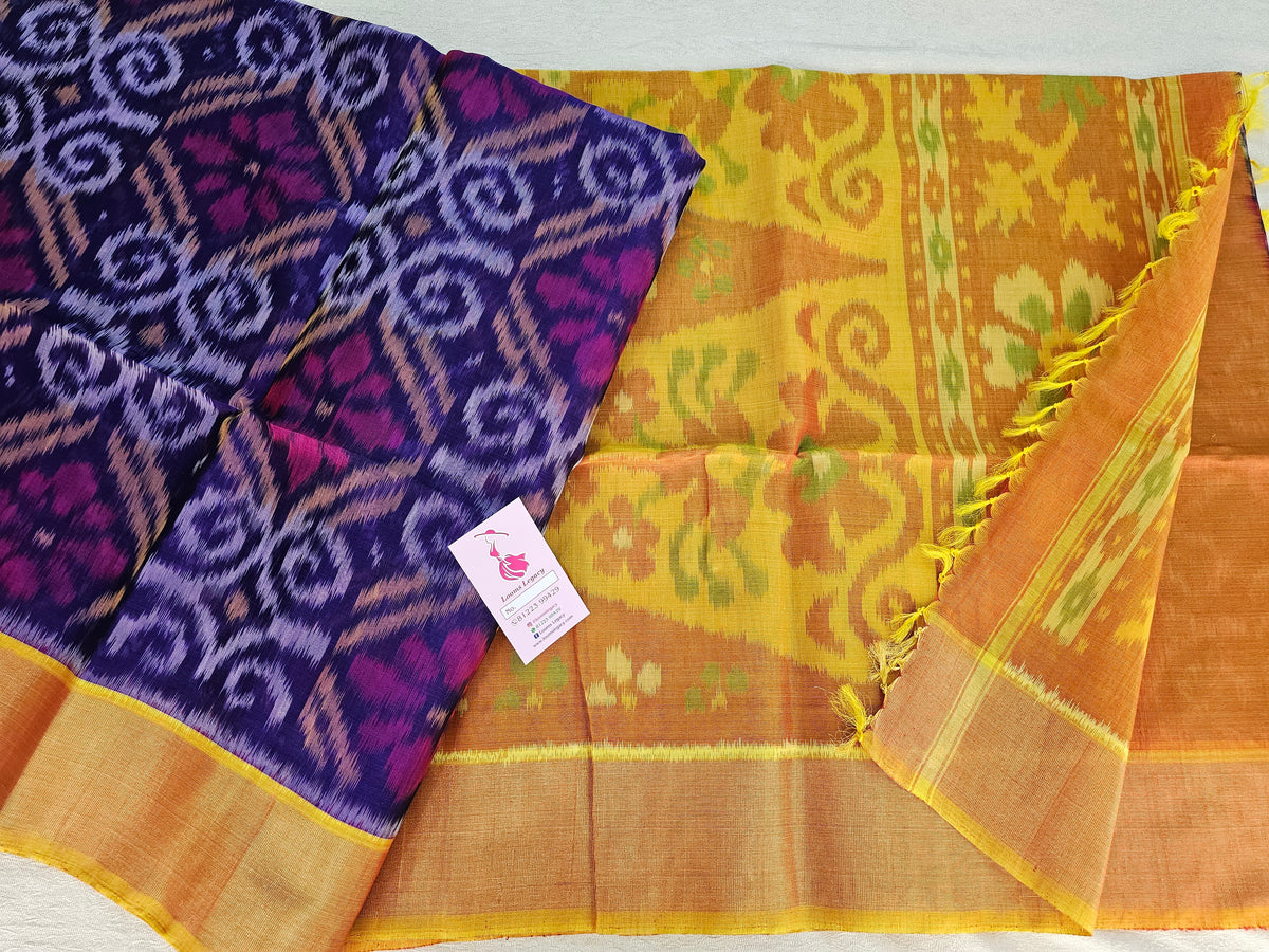 Blue with Mustard Yellow Pochampally Ikkat Silk Cotton (SICO Pattu)