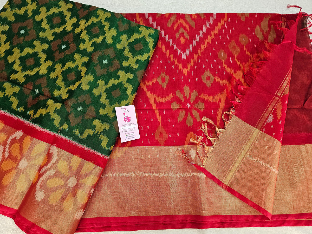 Bottle Green with Red  Pochampally Ikkat Silk Cotton (SICO Pattu)