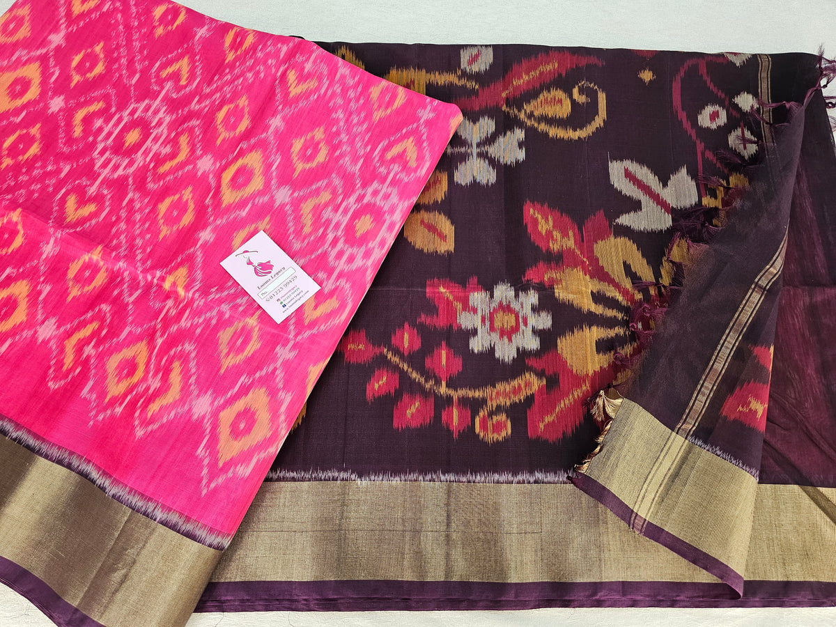 Pink with Brown Pochampally Ikkat Silk Cotton (SICO Pattu)