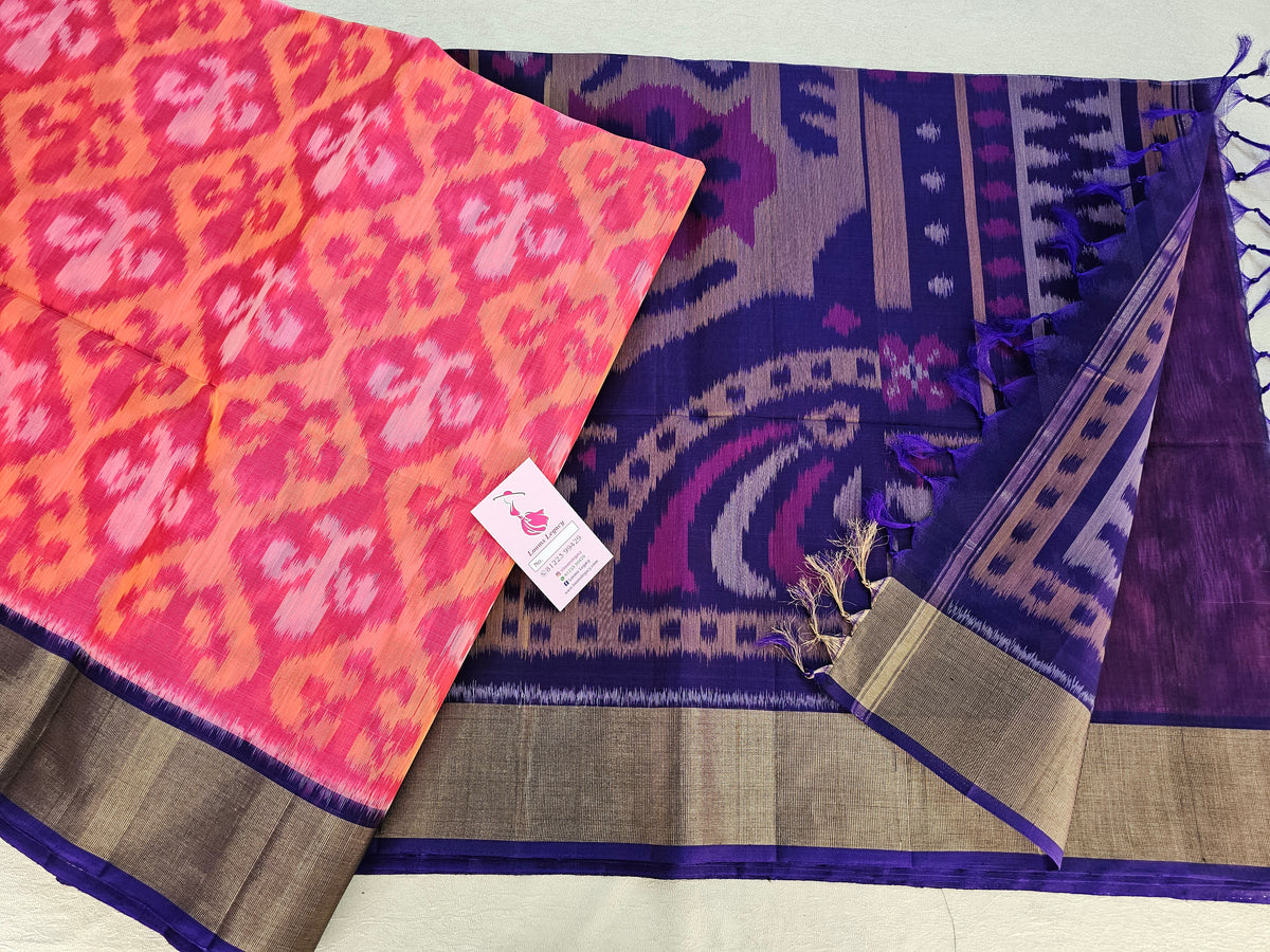 Pink with Blue Pochampally Ikkat Silk Cotton (SICO Pattu)