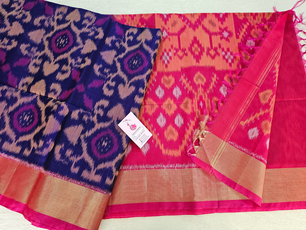 Blue with Pink Pochampally Ikkat Silk Cotton (SICO Pattu)