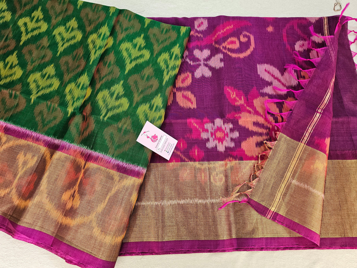 Bottle Green with Purple Pochampally Ikkat Silk Cotton (SICO Pattu)