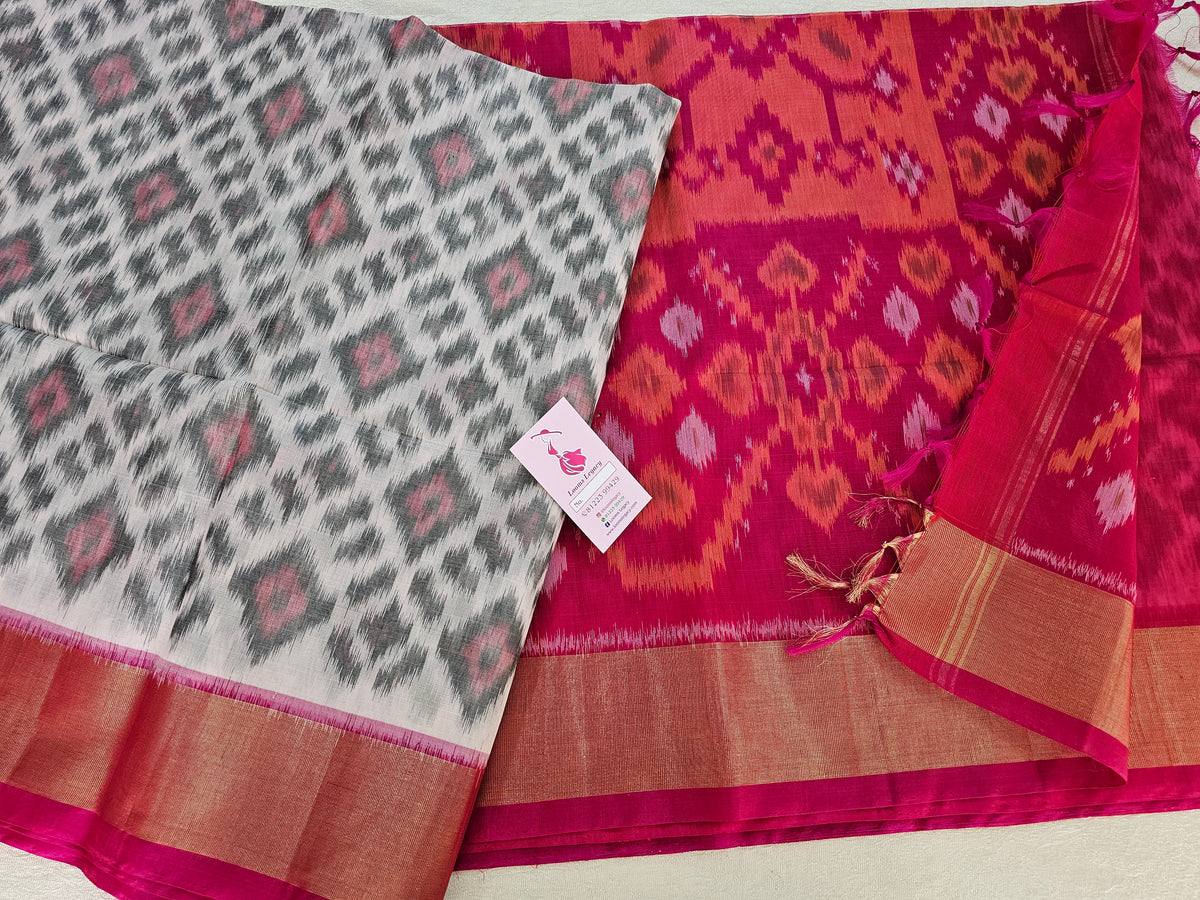 Off-white  with Pink Pochampally Ikkat Silk Cotton (SICO Pattu)