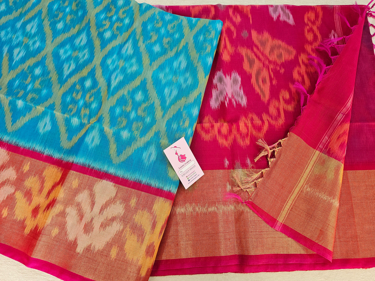 Blue with Pink  Pochampally Ikkat Silk Cotton (SICO Pattu)