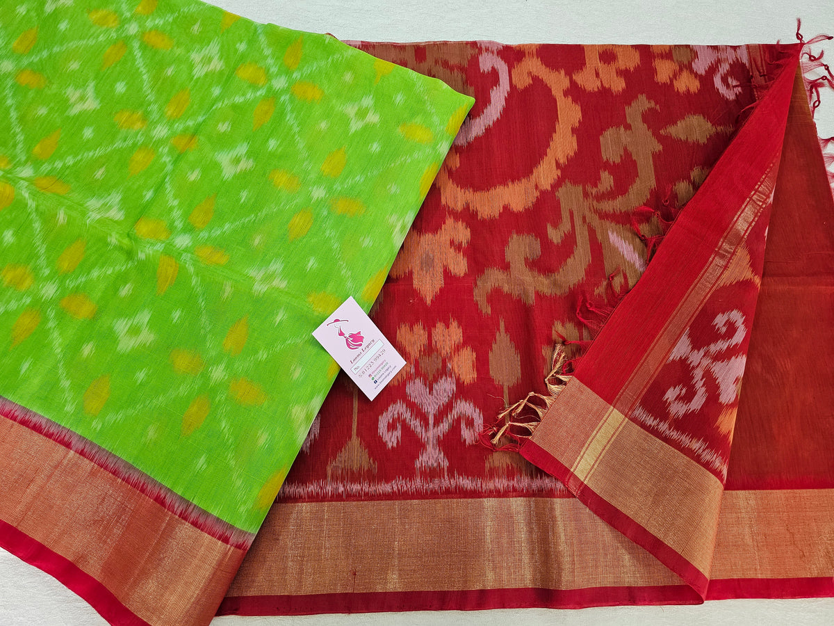 Green with Red Pochampally Ikkat Silk Cotton (SICO Pattu)