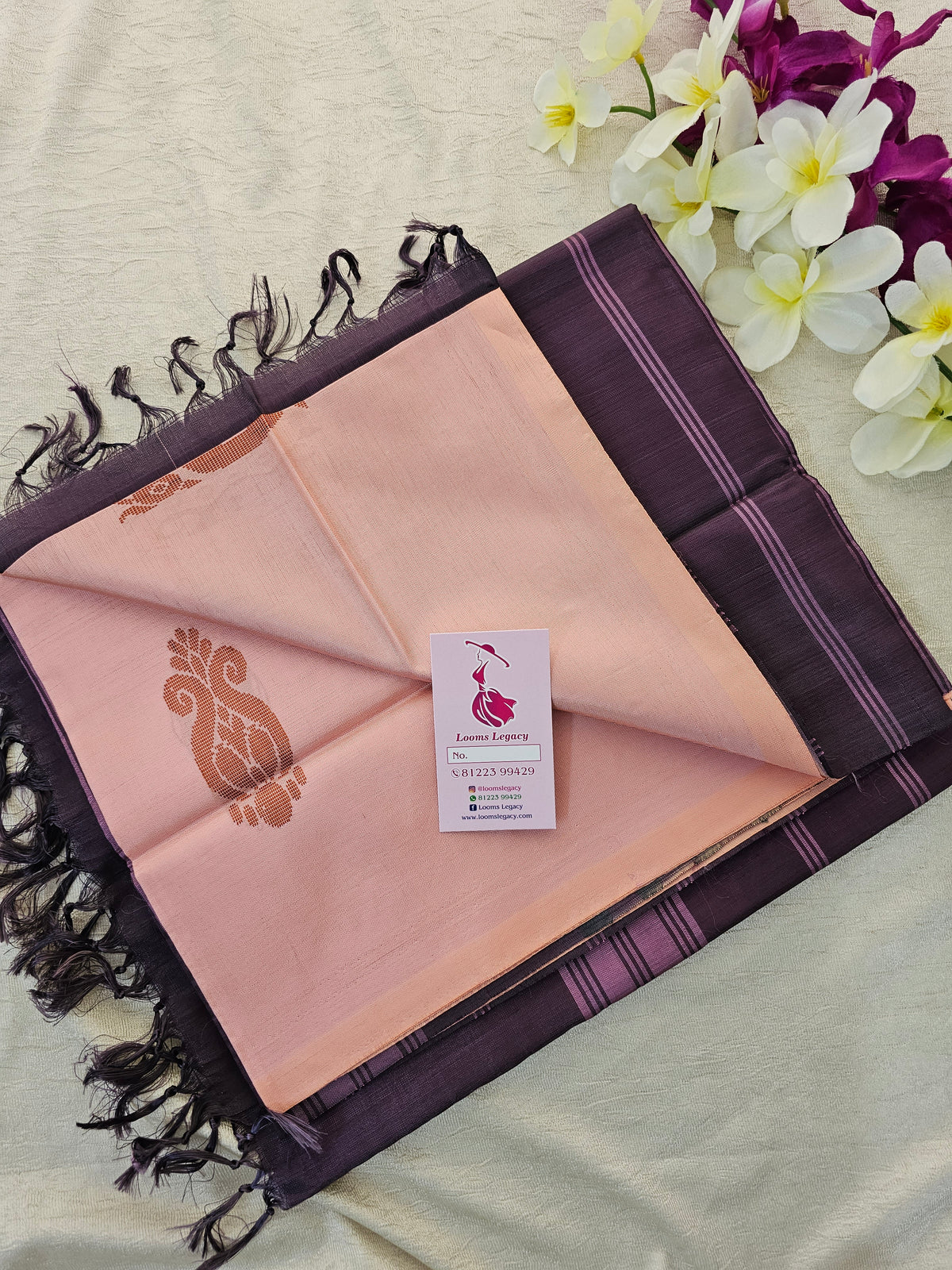 Peachish Pink with Dark Purple  Handwoven Chinnalampattu Saree