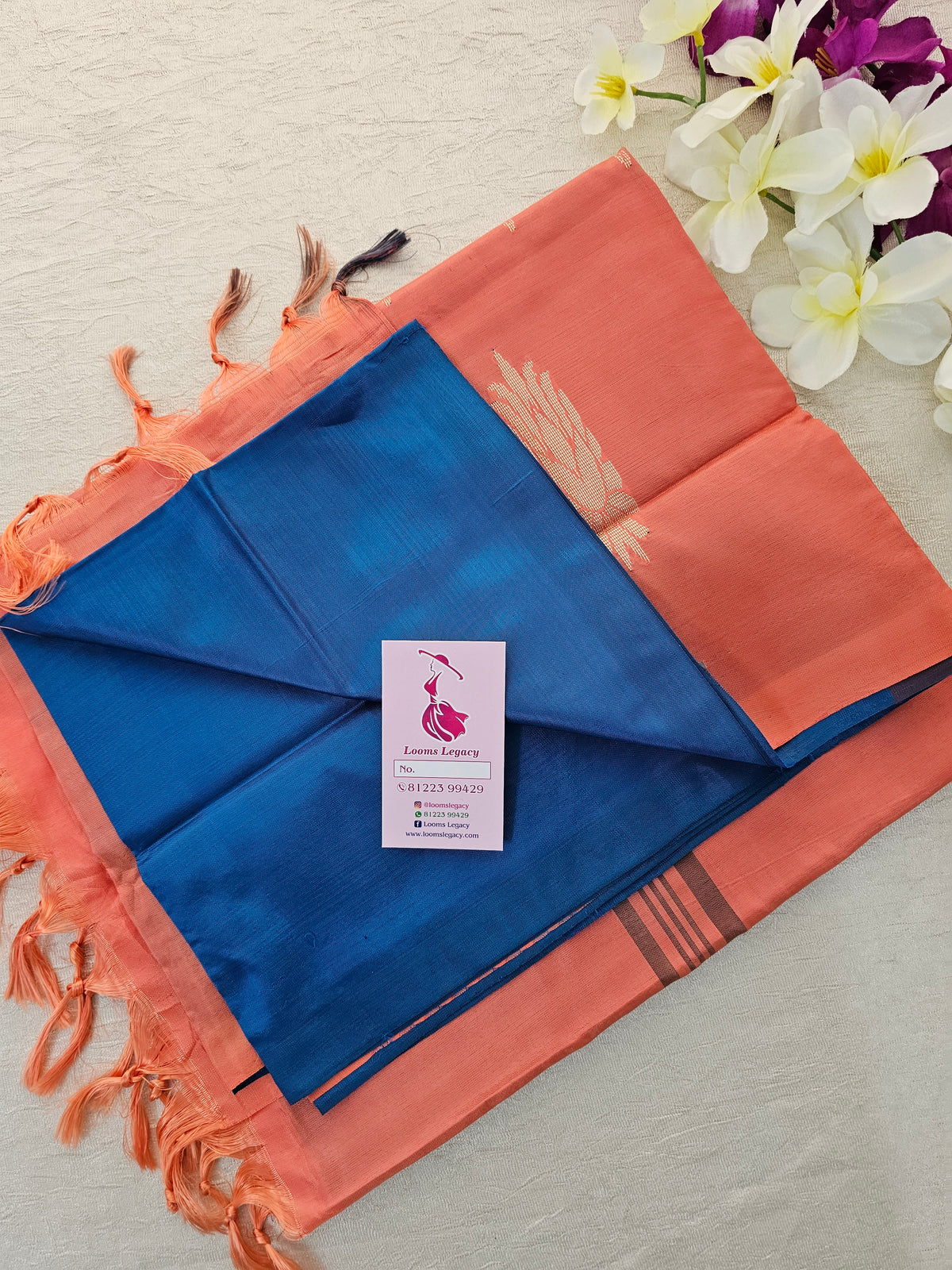 Peacock Blue with Peach  Handwoven Chinnalampattu Saree