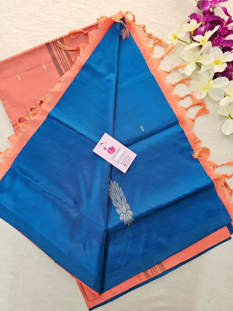 Peacock Blue with Peach  Handwoven Chinnalampattu Saree