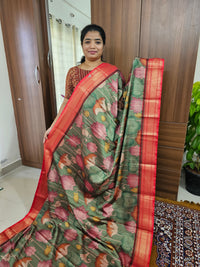 Semi Gadwal Silk Sarees with Digital Prints - Green with Red