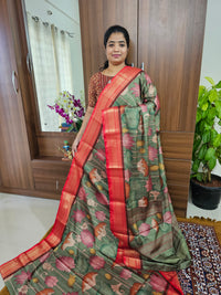 Semi Gadwal Silk Sarees with Digital Prints - Green with Red